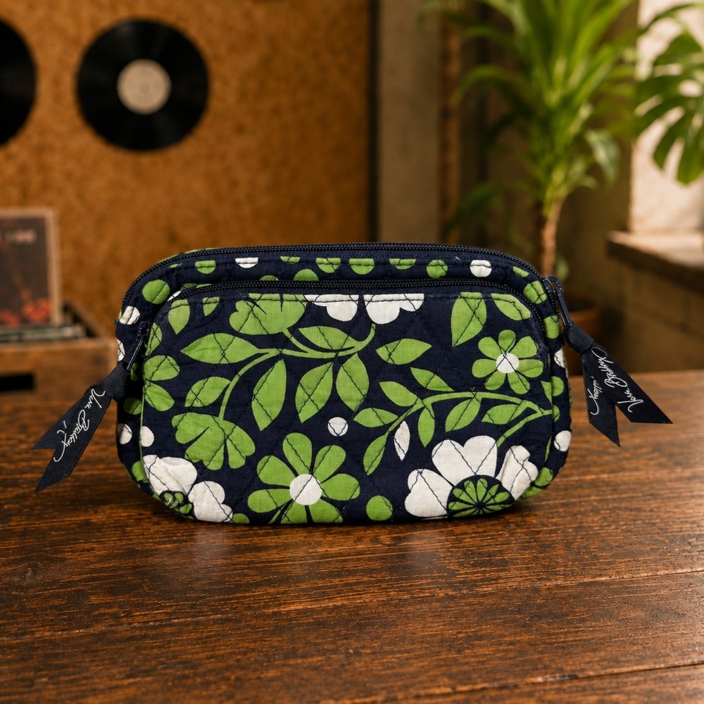 Vera Bradley Quilted Floral Cosmetic Case Navy Green White Double Zip Pouch